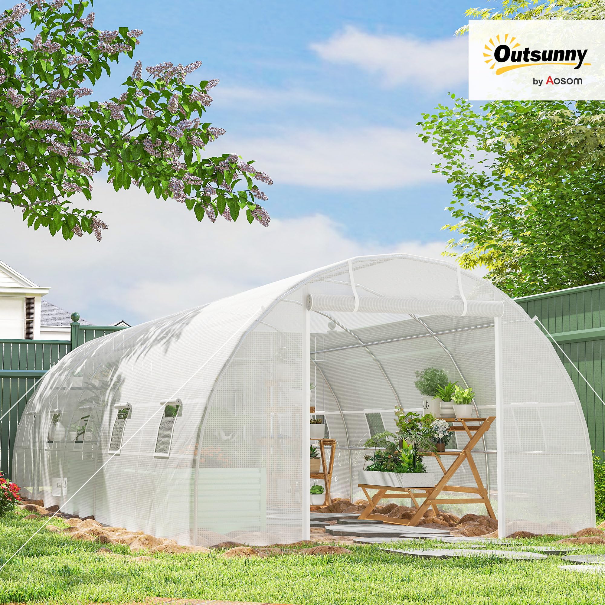 Outsunny Serra da Giardino a Tunnel 8x3x2 m con Porte Avvolgibili e 12 Finestre, Serra per Orto con 4 Rinforzi Diagonali, Struttura in Acciaio e Copertura PE, per Orto Verdure Fiori Frutta, Bianco