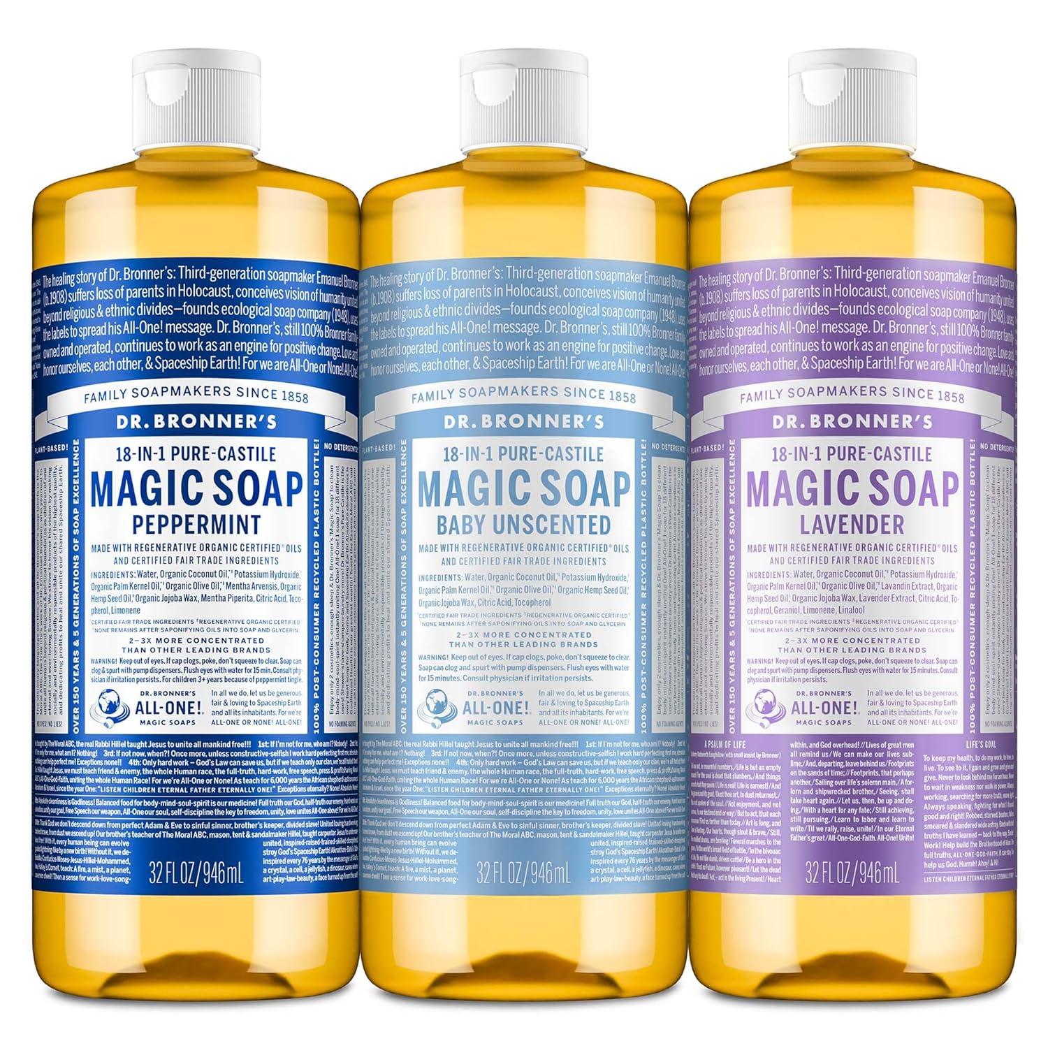 Dr. Bronner’s Pure-Castile Magic Liquid Soap Made with Regenerative Organic Oils, Vegan, Concentrated, Body Wash- For Face, Hair, Laundry – 32oz Variety 3-Pack (Peppermint, Baby Unscented, Lavender)