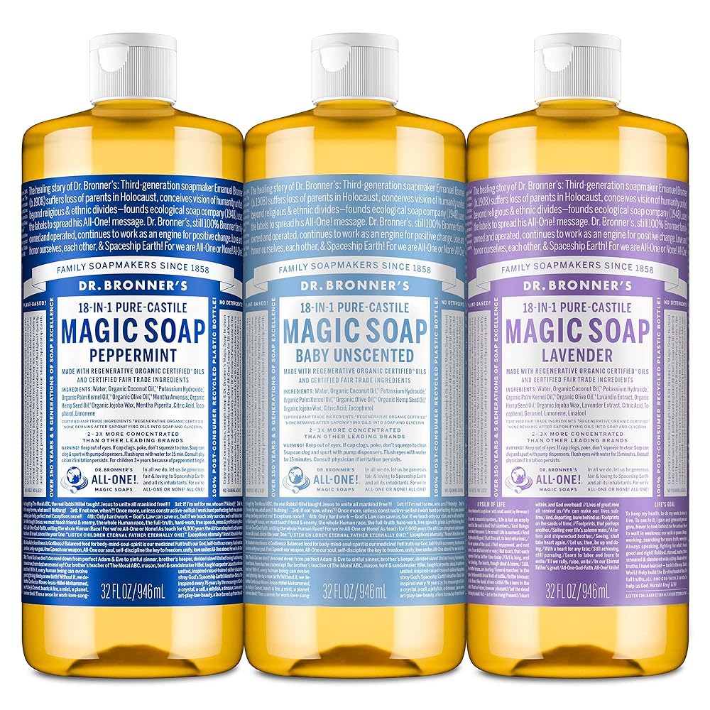 Dr. Bronner\'s Pure-Castile Magic Liquid Soap Made with Regenerative Organic Oils, Vegan, Concentrated, Body Wash- For Face, Hair, Laundry - 32oz Variety 3-Pack (Peppermint, Baby Unscented, Lavender)