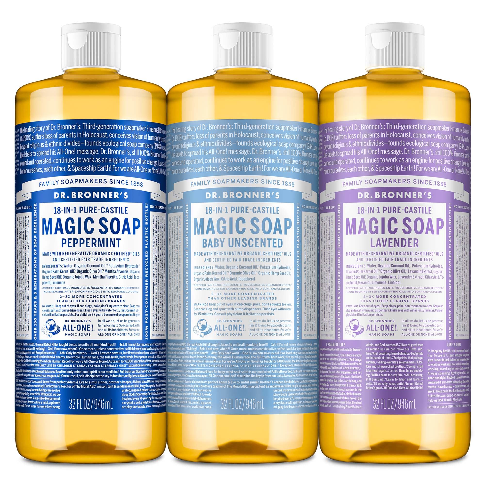 Pure-Castile Magic Liquid Soap Made with Regenerative Organic Oils, Vegan, Concentrated, Body Wash- For Face, Hair, Laundry - 32oz Variety 3-Pack (Peppermint, Baby Unscented, Lavender)