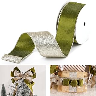 Moss Velvet Wired Ribbon, Green and Gold, 2.5 Inch, 10 Yards | Glitter Back, Christmas Ribbon, Reversible, For Christmas Tree, Gift Wrapping, Crafts, Wreaths Supplies, Topper Bows