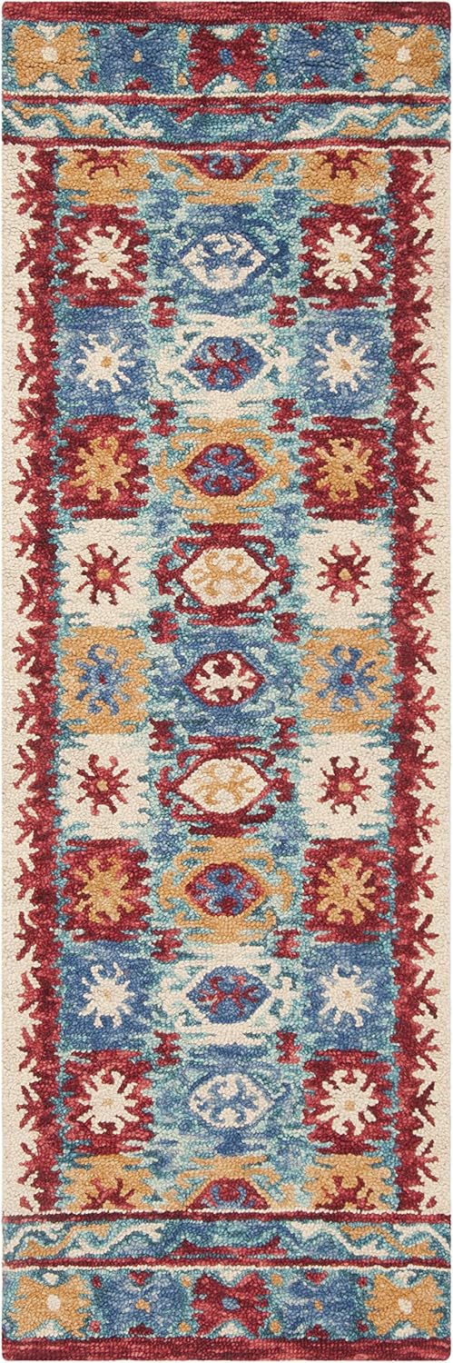 SAFAVIEH Aspen Collection 2'3" x 7' Blue / Red APN505A Handmade Boho Wool Runner Rug
