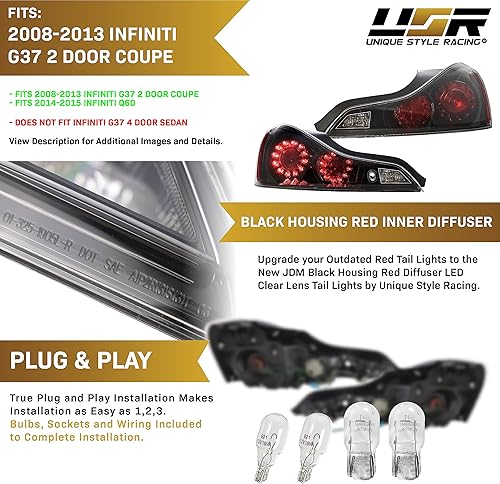 Miniatura 4 de USR DEPO 08-15 G37 Q60 UPGRADE JDM - Luces traseras LED de carcasa negra (izquierda + derecha) compatibles con Infiniti G37 2008-2013  Q60 2014-2015