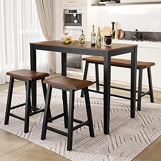PHI VILLA Dining Table Set for 4, Counter Height Dining Table Set with Bench and 2 Chairs, Wooden Kitchen Table Set,Rustic Farmhouse Dinning Table Set, Walnut with Black
