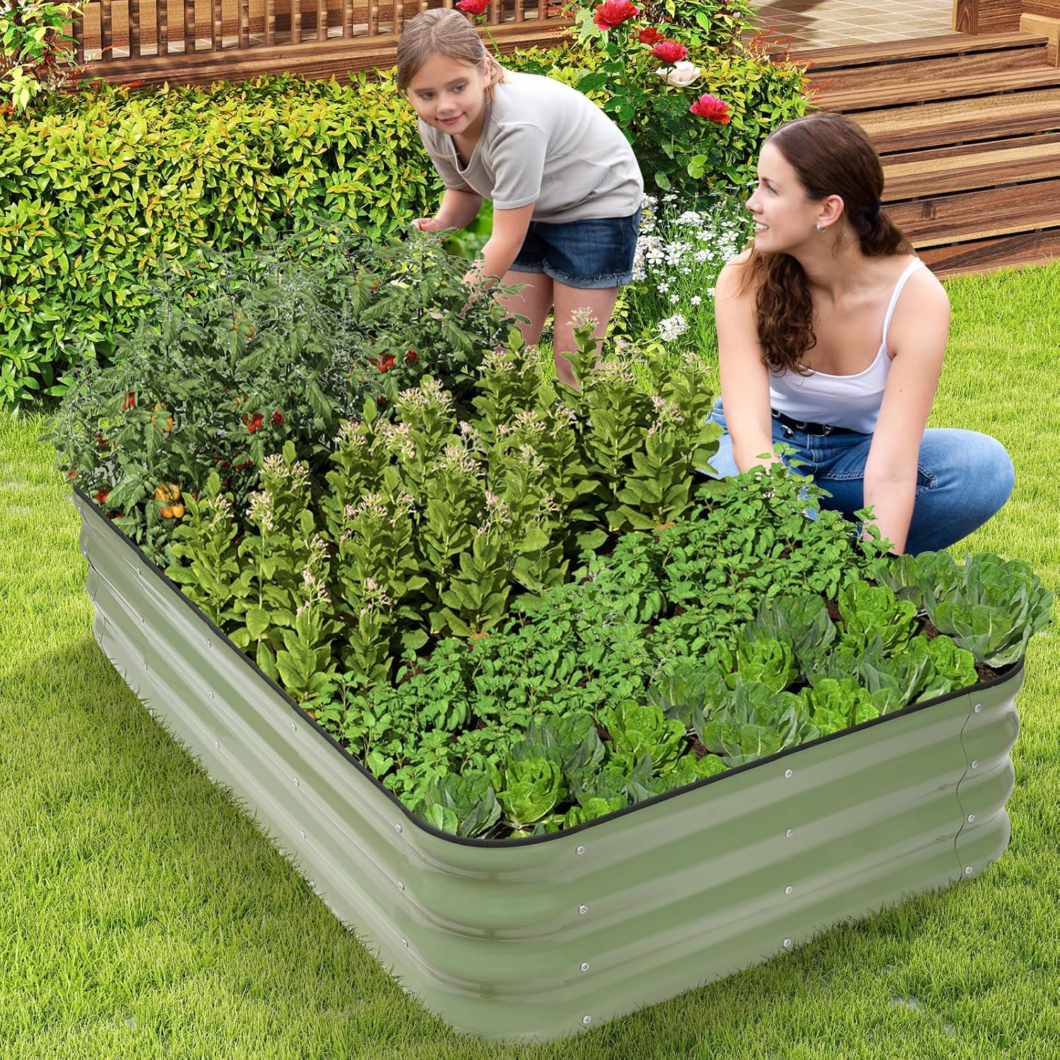 1MORE Raised Garden Bed -5X3X1 Galvanized Planter Box for Outdoor Gardening,4 in 1 Modular Raised Bed Kit with Protective Tape, Gloves for Herb，Ideal for Vegetables and Plants.Green-2Pcak