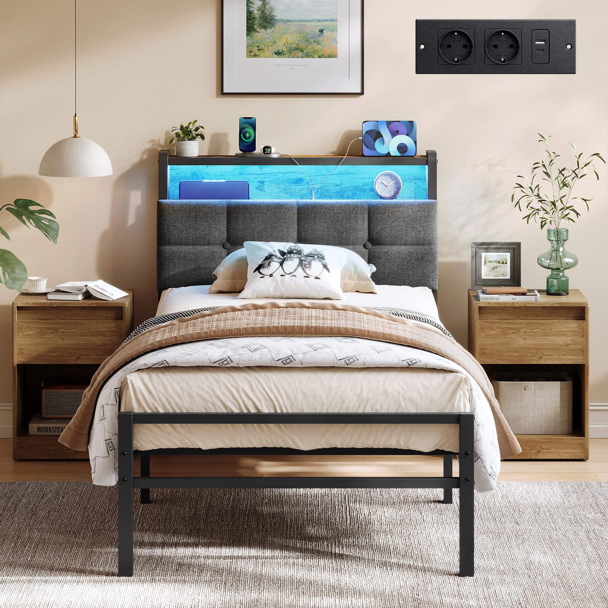 VASAGLE Estructura de Cama de Acero para Colchón de 90 x 190 cm, con Cabecero Tapizado, Luces LED y Enchufes, 208,9 x 90,5 x 104,5 cm, Negro Mate y Marrón Rústico, Colección Dupon RMB121G101