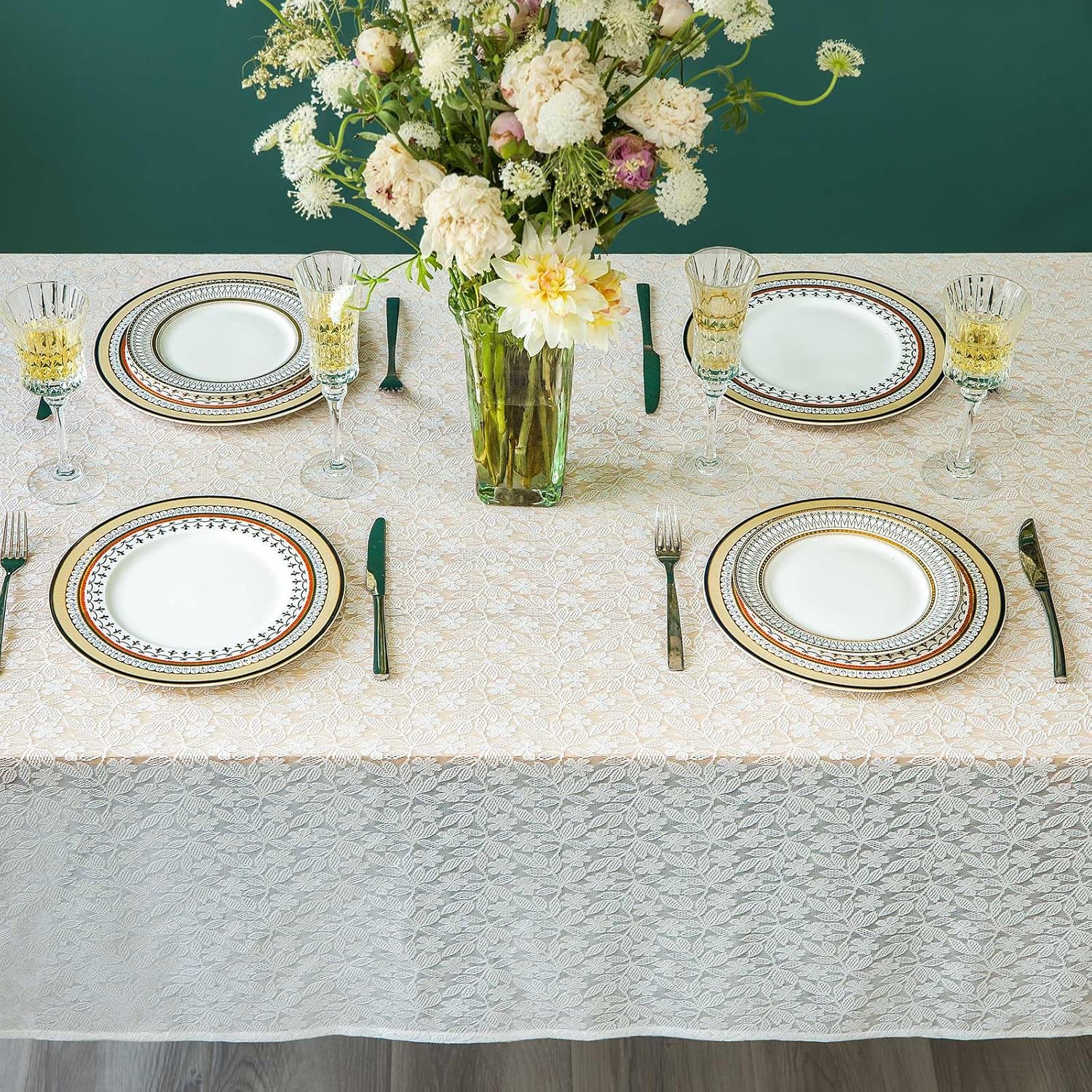 GLORY SEASON Lace Tablecloth Leaf Pattern Warp Knitting Fabric Solid White Rectangle/Oblong Table Cover for Kitchen Dining Farmhouse Wedding Party Decor Ivory, 55x102 Inch