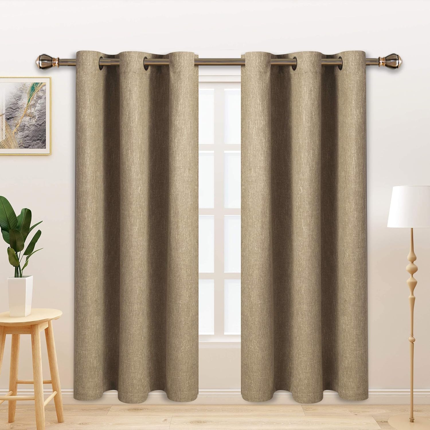 LORDTEX Linen Look Textured Blackout Curtains with Thermal Insulated Liner - Heavy Thick Grommet Window Drapes for Bedroom, 40 x 84 Inches, Tan, Set of 2 Panels