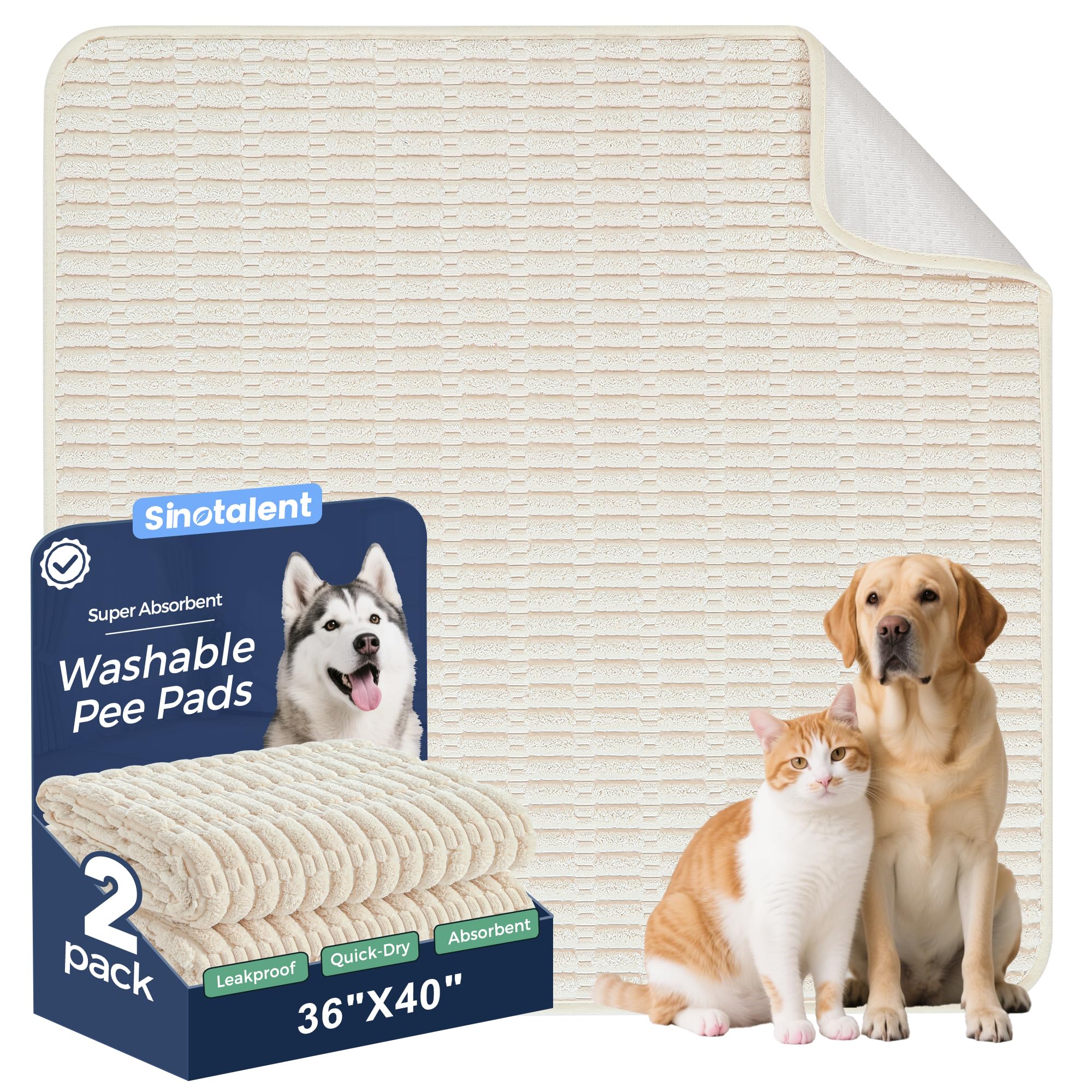 Sinotalent Washable Pee Pads for Dogs, 2 Pack Reusable Puppy Pads Dog Pads, Non-Slip Dog Pee Pads, Leakproof Pet Pee Pads Wee Wee Pads for Dogs. (Cream White, 36"x40"(Pack of 2))
