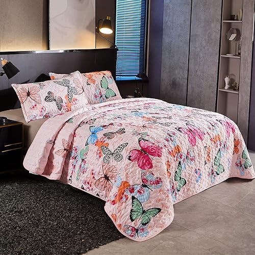 LAMEJOR Juego de edredón de 3 piezas con diseño de mariposas, color rosa