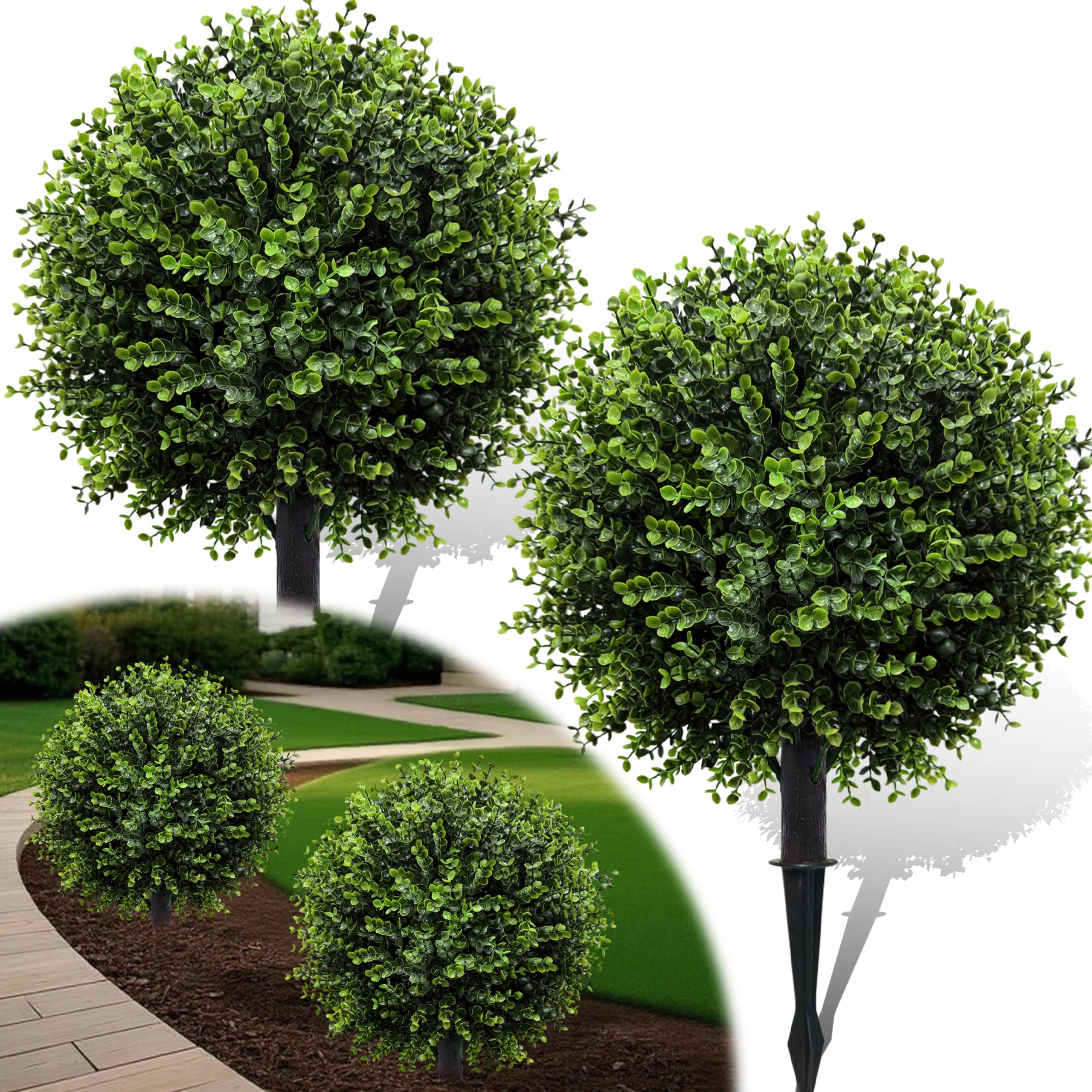 YUGYUM 2 Pack Artificial Boxwood Topiary Balls Trees 60CM, Outdoor UV-Resistant Faux Plants Shrubs Bushes with Spike, Decorative Fake Greenery for Garden Planters Porch Patio Home Decor - Green