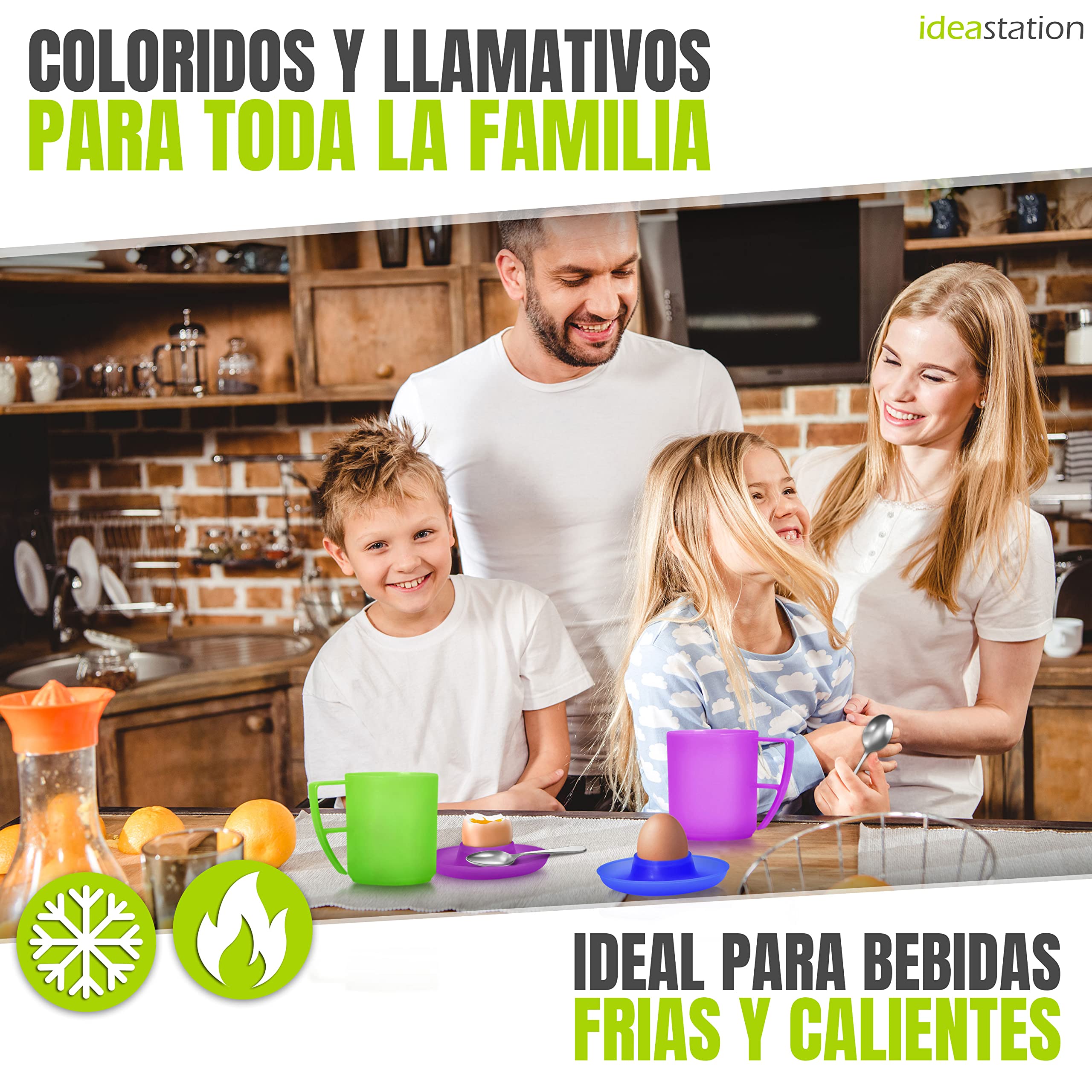 NEO Juego de 6 tazas de plástico para camping, 6x 350 ml - COLORES - taza de café o té irrompibles - tazas de plástico con asas ideales para llevar, vajilla camping
