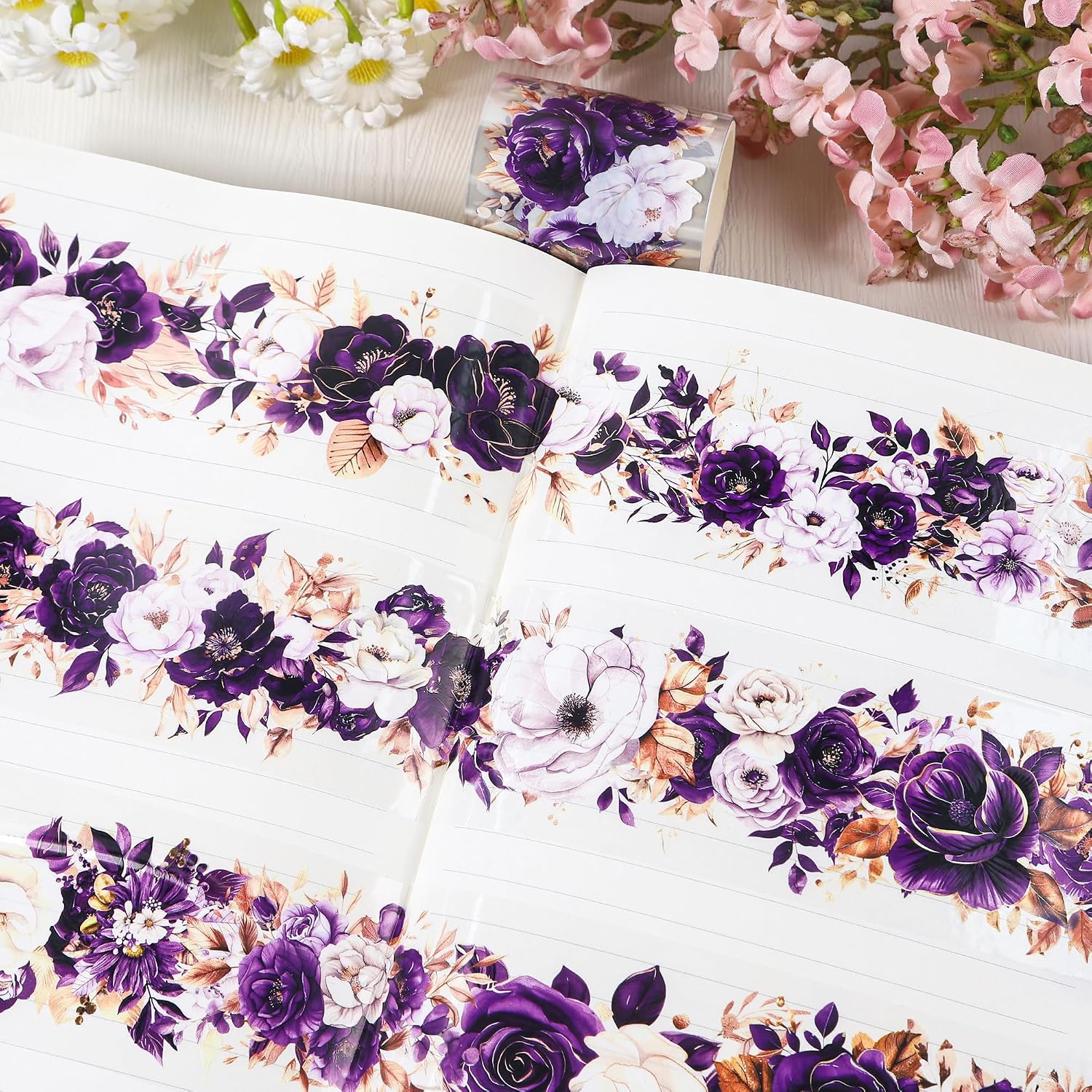 Sitsink PET Tape for Journal Scrapbooking - Golden Purple Flower Junk Journal PET Tape Scrapbook Decor Supplies Crafts Book Bottle Décor