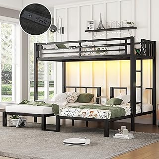 Black Triple Bunk Bed Twin XL & Twin Over Twin, Bunk Bed with LED Light & Charging Station, Metal Detachable Bunk Beds for 3 Kids Girls Boys Teens, USB Ports & Outlets