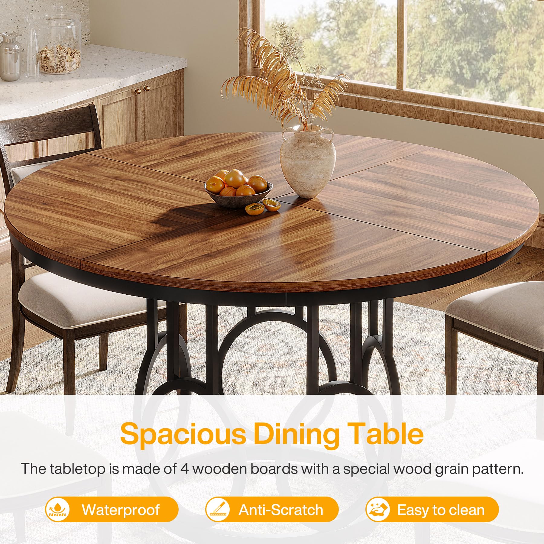 Tribesigns Tavolo da pranzo rotondo per 4 persone, 120 cm, rustico, con base in metallo, tavolo da cucina rotondo per cucina, soggiorno, sala da pranzo (marrone)