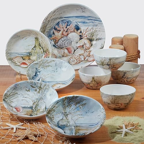 Miniatura 4 de Coastal Landscape - Bandeja de cerámica para peces de 19.5 pulgadas con temática oceánica con conchas marinas, estrellas de mar y escena de playa,