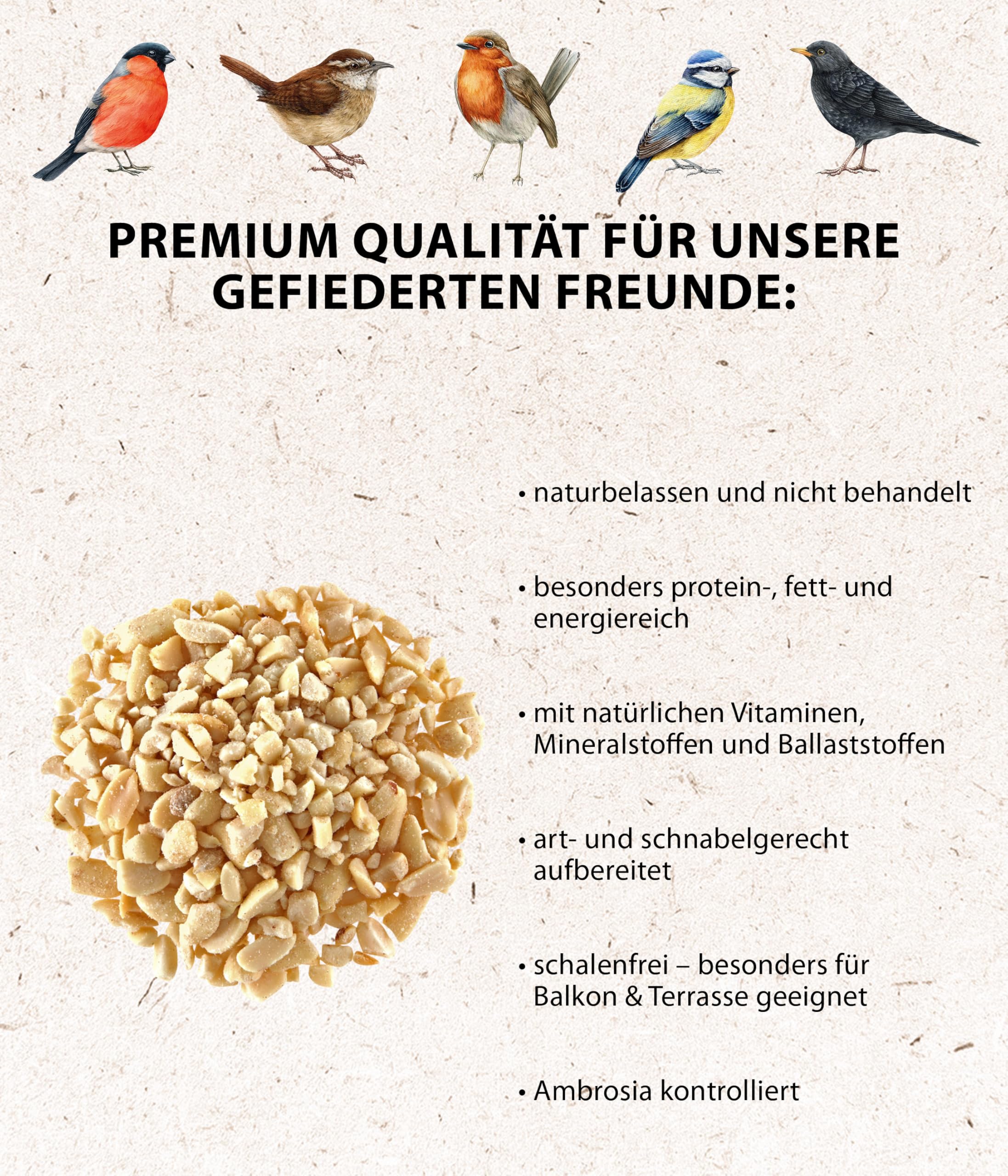 Dehner Natura Premium Wildvogelfutter, gehackte Erdnüsse schalenfrei, Ganzjahresfutter proteinreich / energiereich, hochwertiges Vogelfutter für Wildvögel, 5 kg