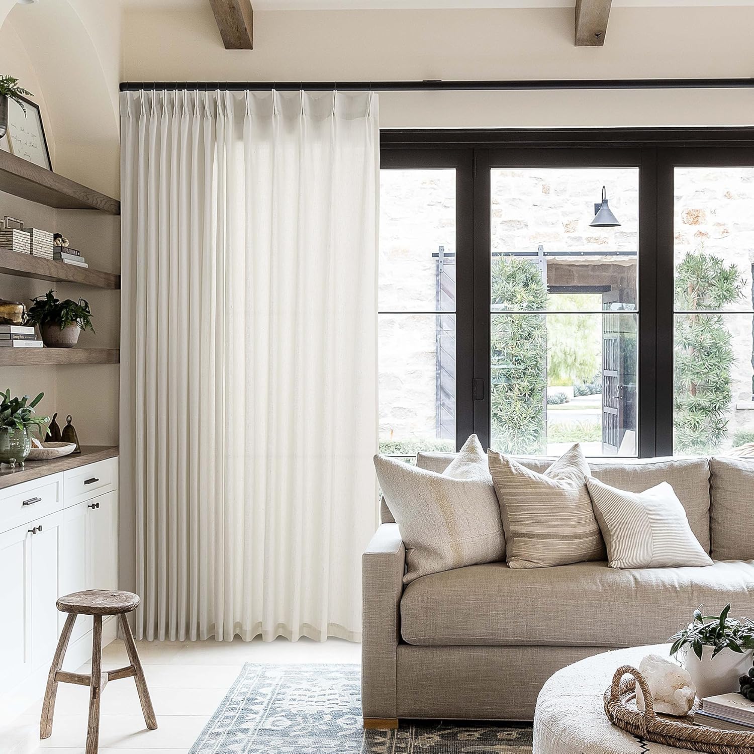 Extra Wide Pleated 96 Inch Long Linen Curtains 100 Inches Wide for Living Room Light Filtering Semi Sheer Pinch Pleat Greyish Beige Curtains for Ceiling Patio Glass Sliding Door 96 Inch Length 8FT