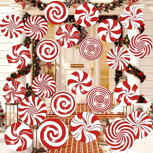 Huwena 24 piezas de decoraciones navideñas para exteriores, adornos colgantes de menta y caramelo, letreros de patio de doble cara, adornos de menta