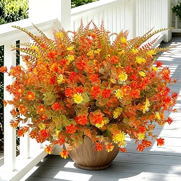 TSTWETO 18 PCS Artificial Mums Fall Flowers for Outdoors, Artificial Plants Outdoor Fake Mums UV Resistant, Outdoor Fake Plants Plastic Faux Flowers for Porch Window Box Garden Orange Red