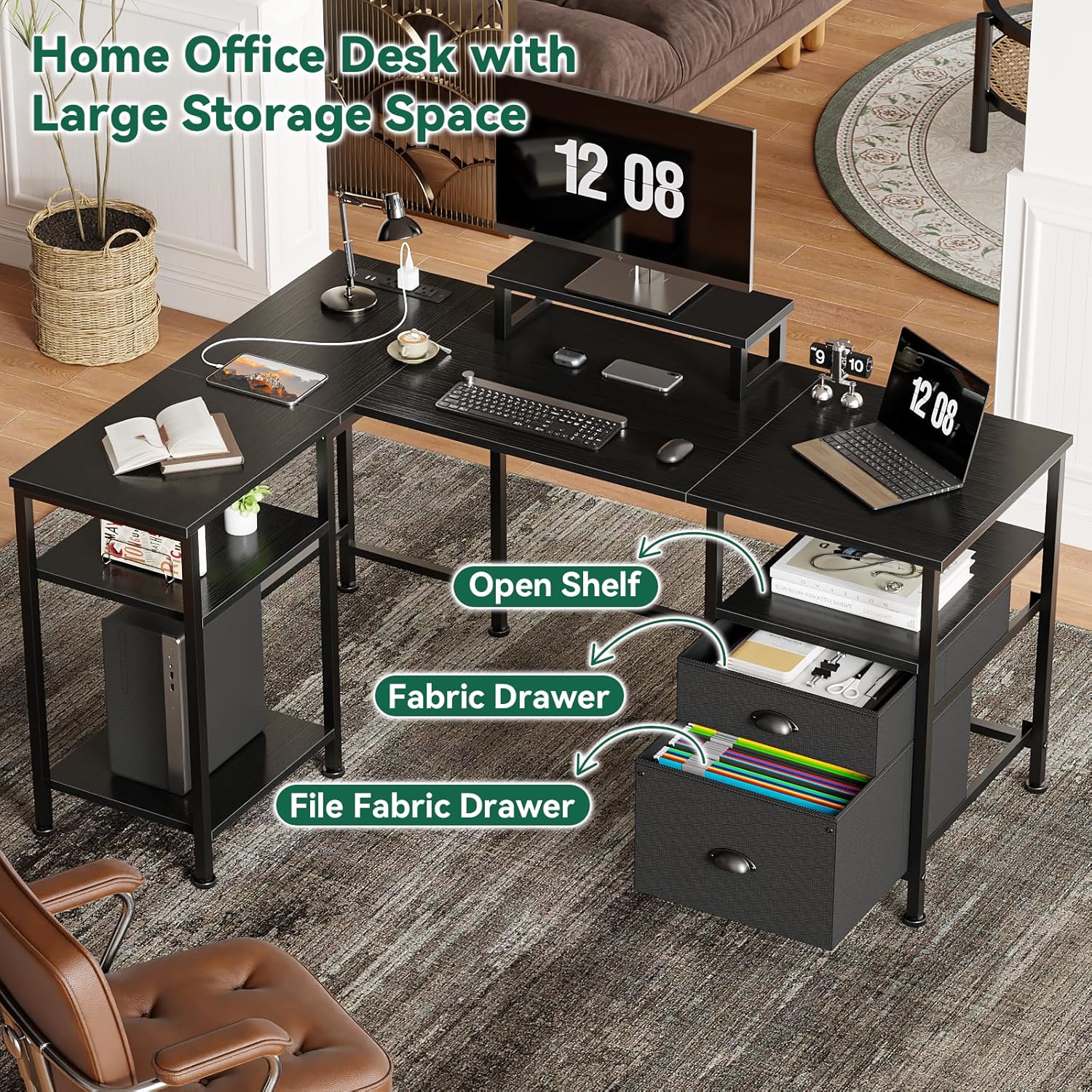 Furologee L Shaped Gaming Desk with Power Outlet, Corner Computer Desk for Home Office, Reversible 50 Inch Work Study Table with File Drawer, Monitor Stand, Storage Shelves, Black