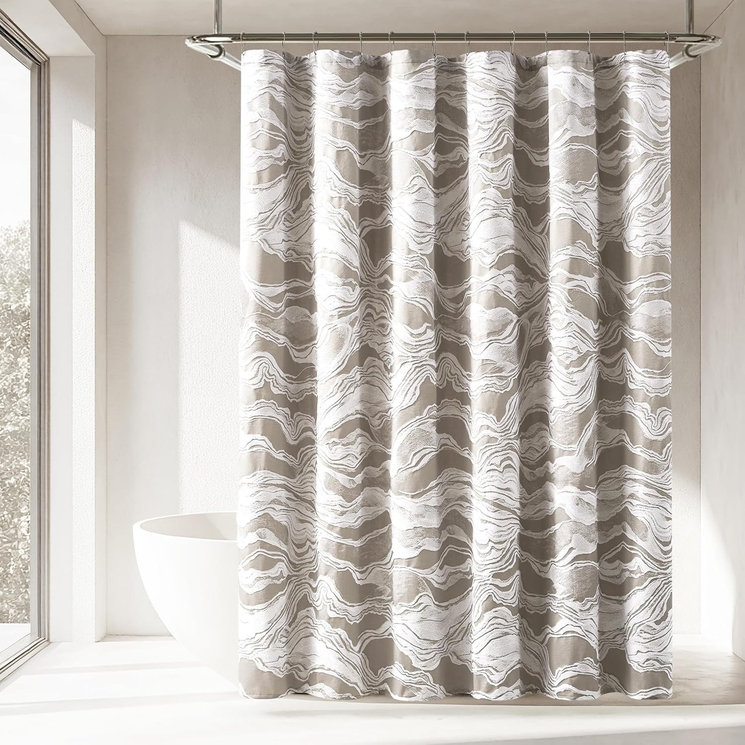 Lush Decor x Chuks Collins Cascade Wave Cotton Shower Curtain Single 72" W x 72" L Gray & White - Bath Curtain - Bathroom Accessory - Gray Shower Curtain - Luxury Home Decor