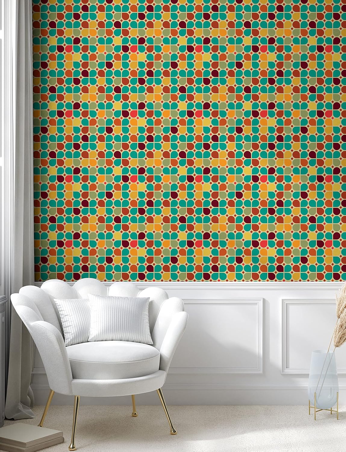 Ambesonne Retro Peel & Stick Wallpaper, Polka Dotted Background Ornamental Colorful Abstract Petals Vintage Inspirations, Self-Adhesive Living Room Kitchen Accent, 13" x 100", Beige Turquoise Orange