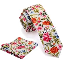 GUSLESON Fashion 2.4"6cm Cotton Floral Printed Necktie Tie Clip and Pocket Square Sets + Gift Box