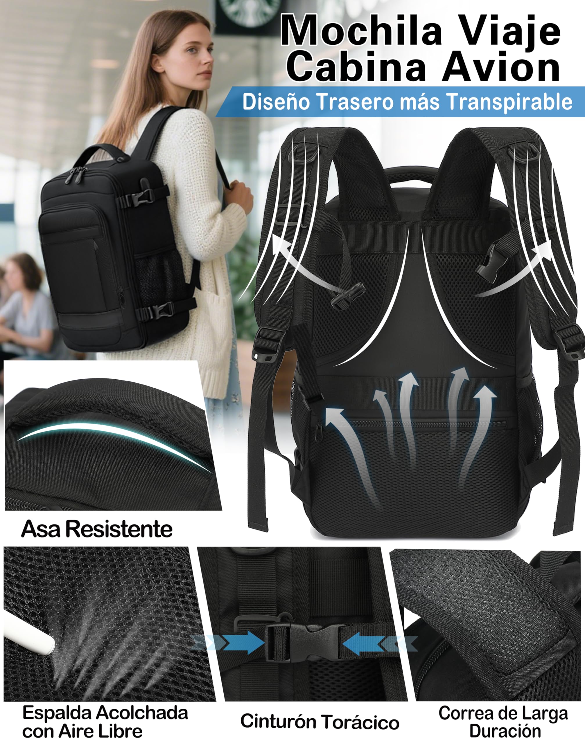 KLOSTAIN Mochila Viaje Cabina Avion 40x20x25 para Ryanair 20L Mochila Cabina Equipaje de Mano Bolso Mochilas Hombre para Portatil Negro