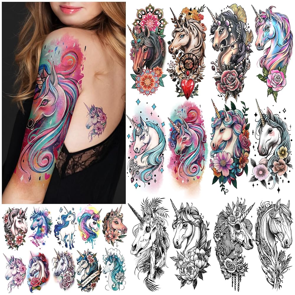 77 Sheets Unicorn Temporary Tattoo for Adult Kid, 17 Sheets Half Arm Skull Flowers Fake Tattoos, 60 Sheets Tiny Body Tattoos Stickers for Women Men Waterproof Realistic Christmas Halloween Costume
