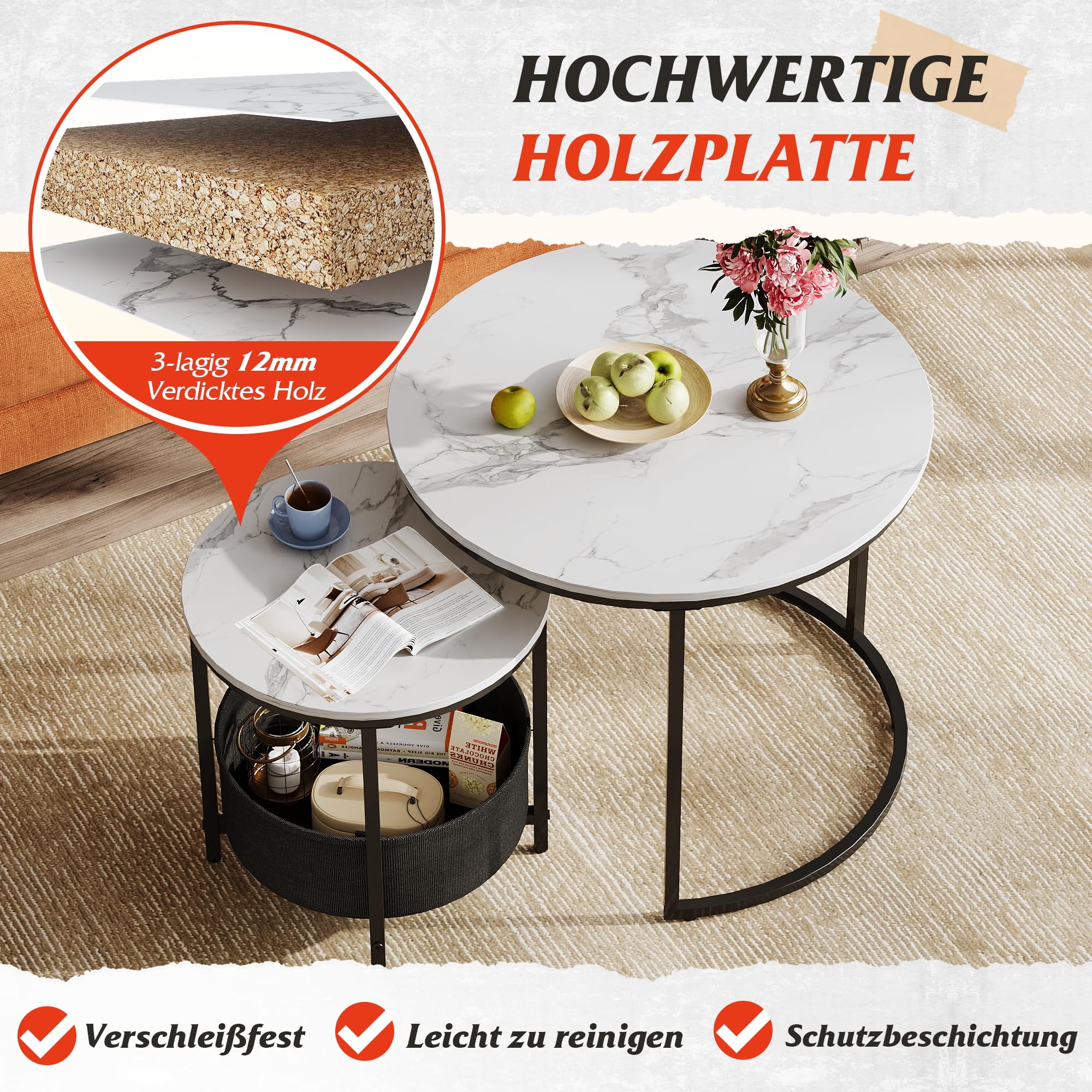 WLIVE Couchtisch 2er Set, Beistelltisch Rund mit Stauraum, Wohnzimmertisch Holz mit Metallrahmen, Sofatisch für Wohnzimmer Schlafzimmer (Marmor Weiß, 60 cm und 40 cm Durchmesser)