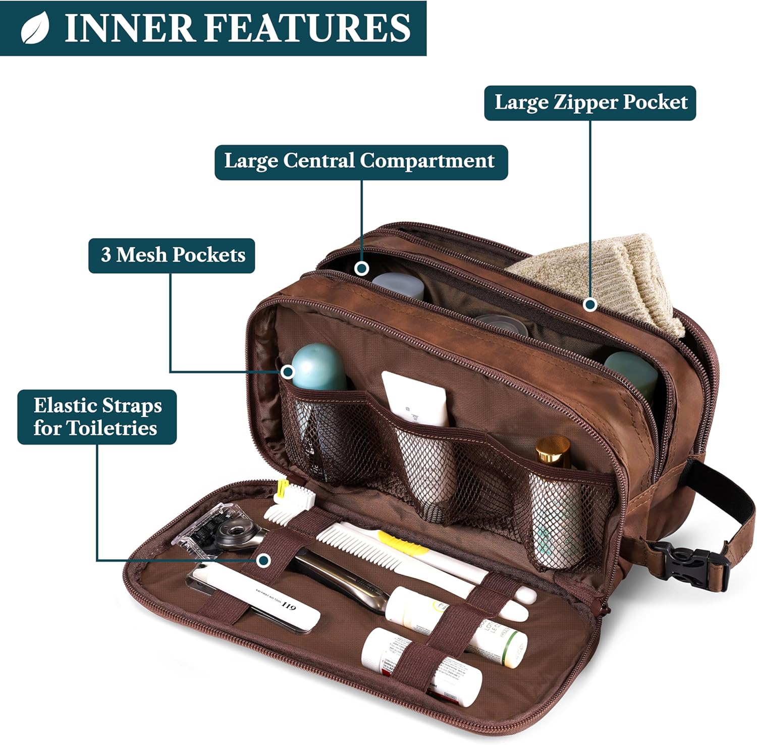 PAVILIA Toiletry Bag for Men, Travel Pouch Essentials Shaving Dopp Kit, Travel Bag Toiletries Organizer Case, Cosmetic Make Up Accessory, Water Resistant Extra Large (12x6x7) Brown