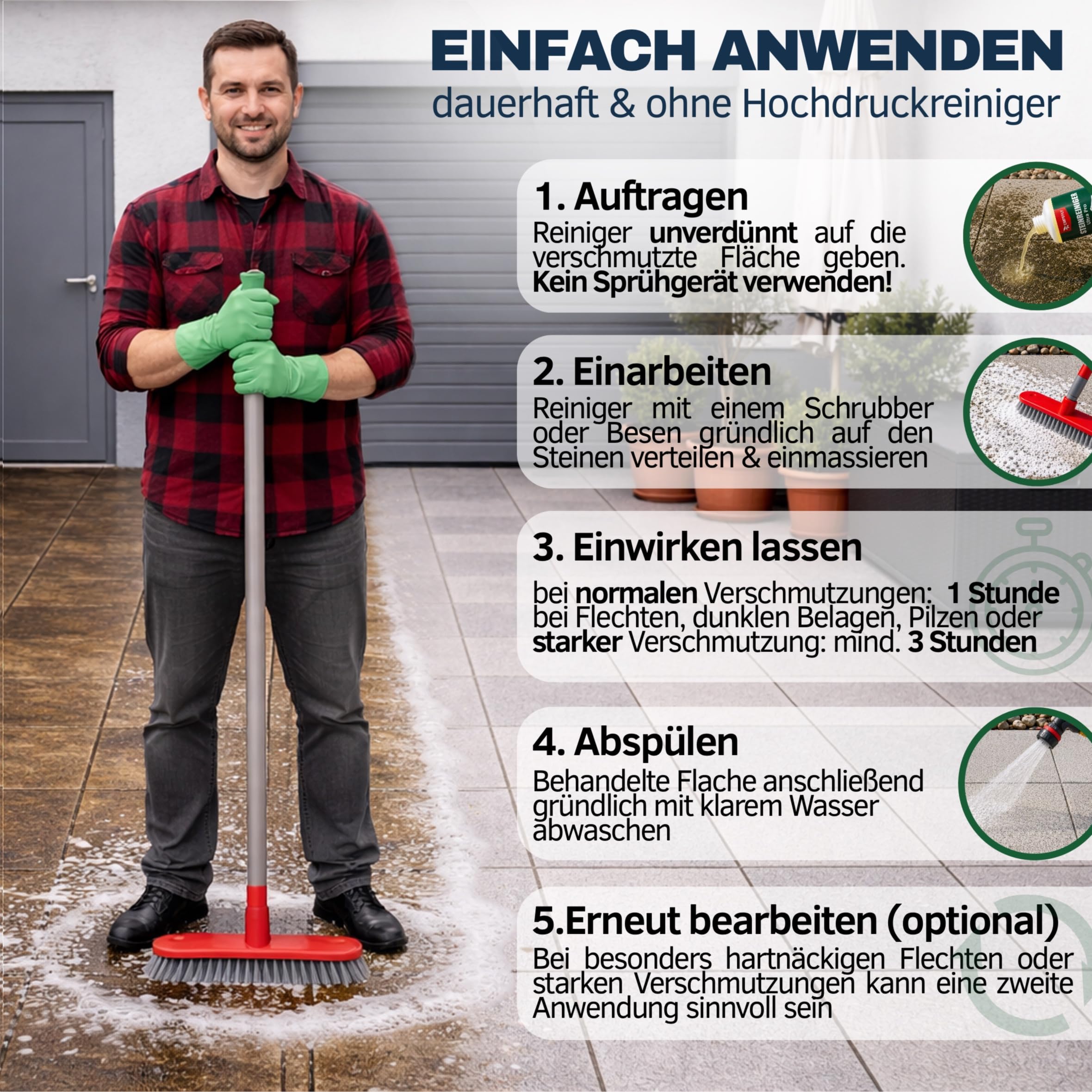 Steinreiniger Ultra Pro, intensiver Steinreiniger mit Sofortwirkung für außen, entfernt Schmutz, Grünbelag, Algen, Pilze und Flechten, Terrassenreiniger, Pflastersteine. (5 Liter Kanister)
