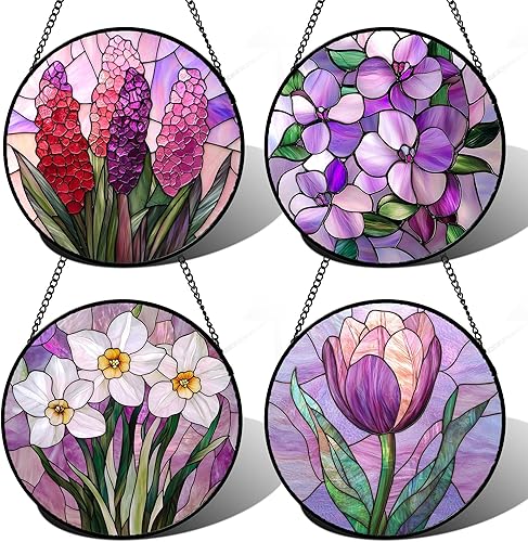 Conjunto de 4 Piezas de Vidriera Manchada para Colgar en Ventanas, Tema de Flores Púrpuras, 16 cm - Atrapasoles de Tulipán para Puerta, Jardín,