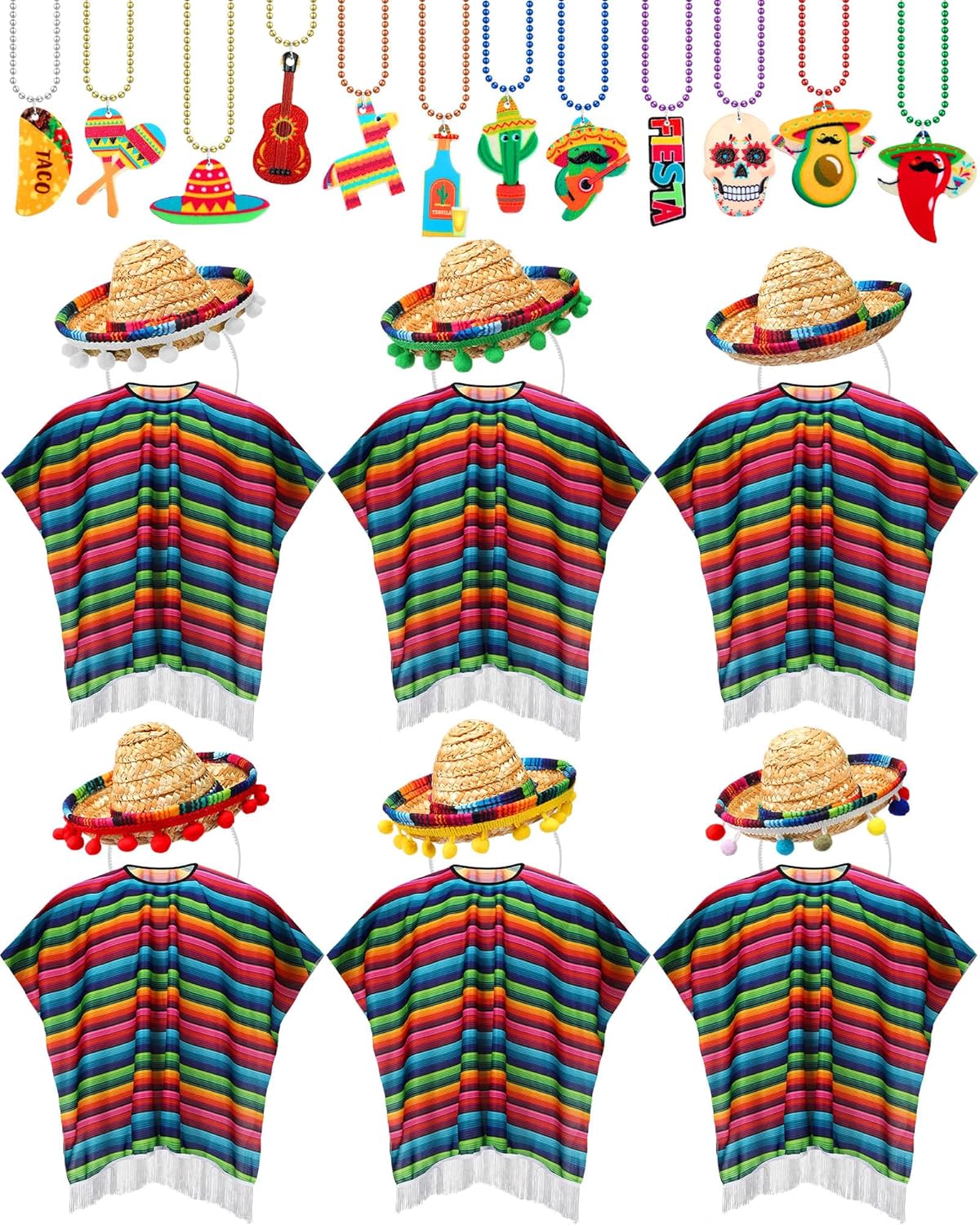 Panitay 24 Pcs Mexican Poncho and Sombrero Set Fiesta Necklaces Bead, Cinco De Mayo Fiesta Poncho Outfit for Festive Supply