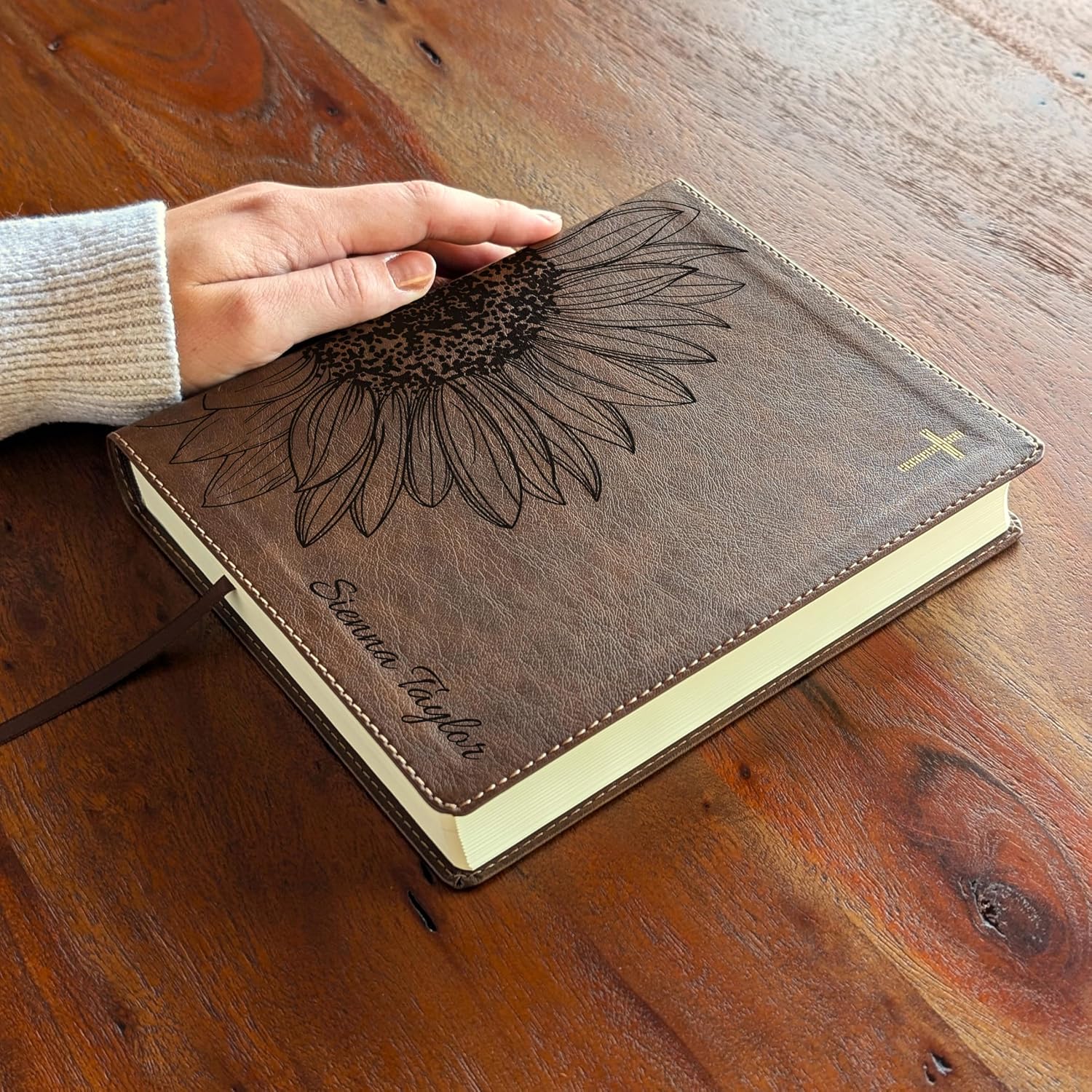 Personalized NIV Journal the Word Bible – Double Column Brown Leathersoft Faux Leather | Custom Name Engraved | Red Letter Comfort Print Edition with Wide Margins for Notes & Reflections (Sunflower Large)