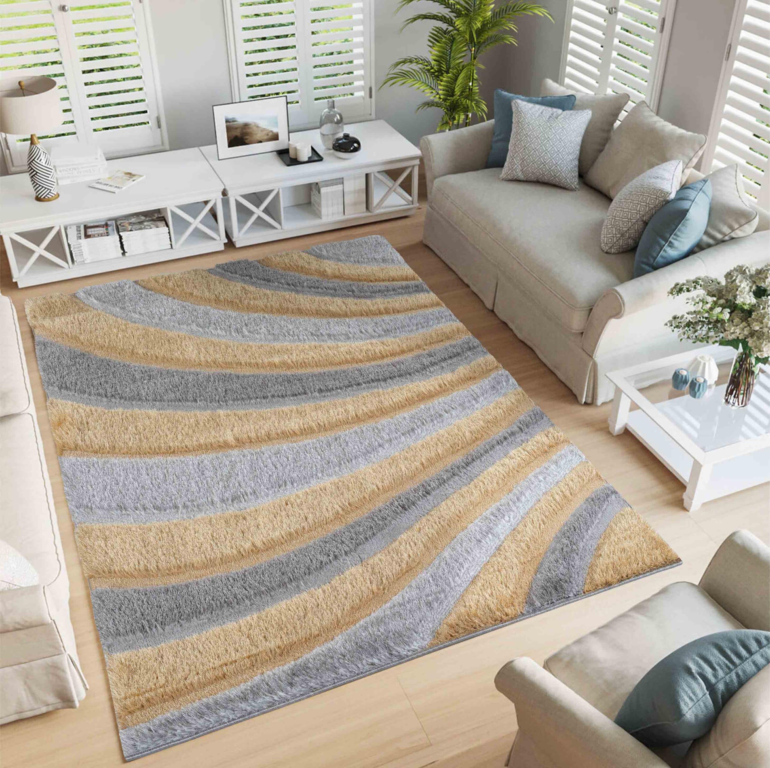 Serdim Rugs Ochre-Waves Modern Soft Waves Design Hand Carved Shiny Shimmer Living Room Polyester Shaggy Rugs, Ochre, 80X150cm (2'6"X5'0")