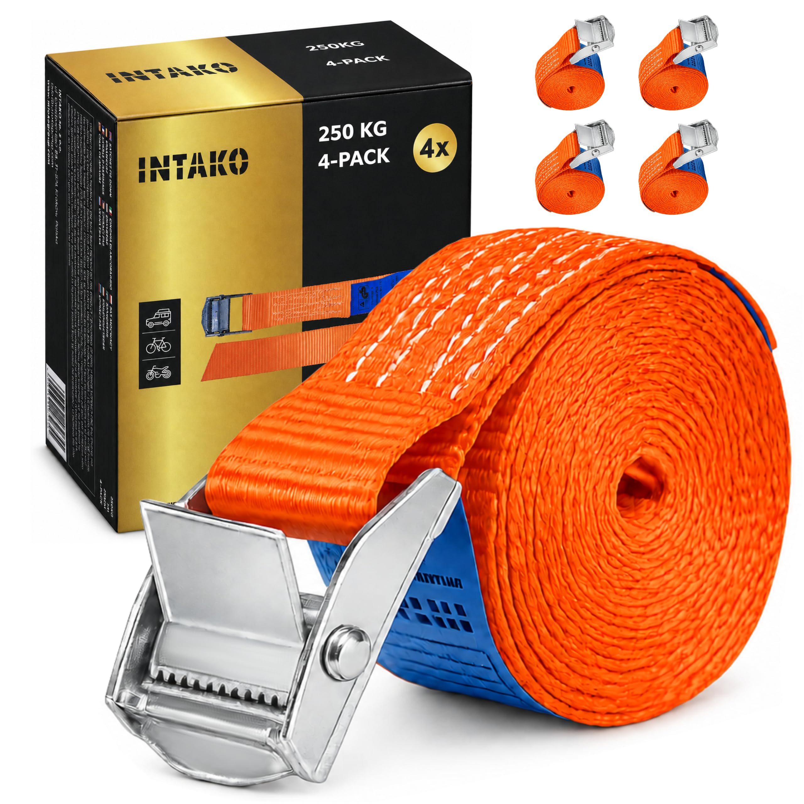 INTAKO Spanngurte mit Klemmschloss 25 mm x 250 kg - 4 Stück - DIN EN 12195-2 - Gurte zum Befestigen - Zurrgurt mit Schnellverschluss - Gurtband für Fahrräder, Trolleys (2m)