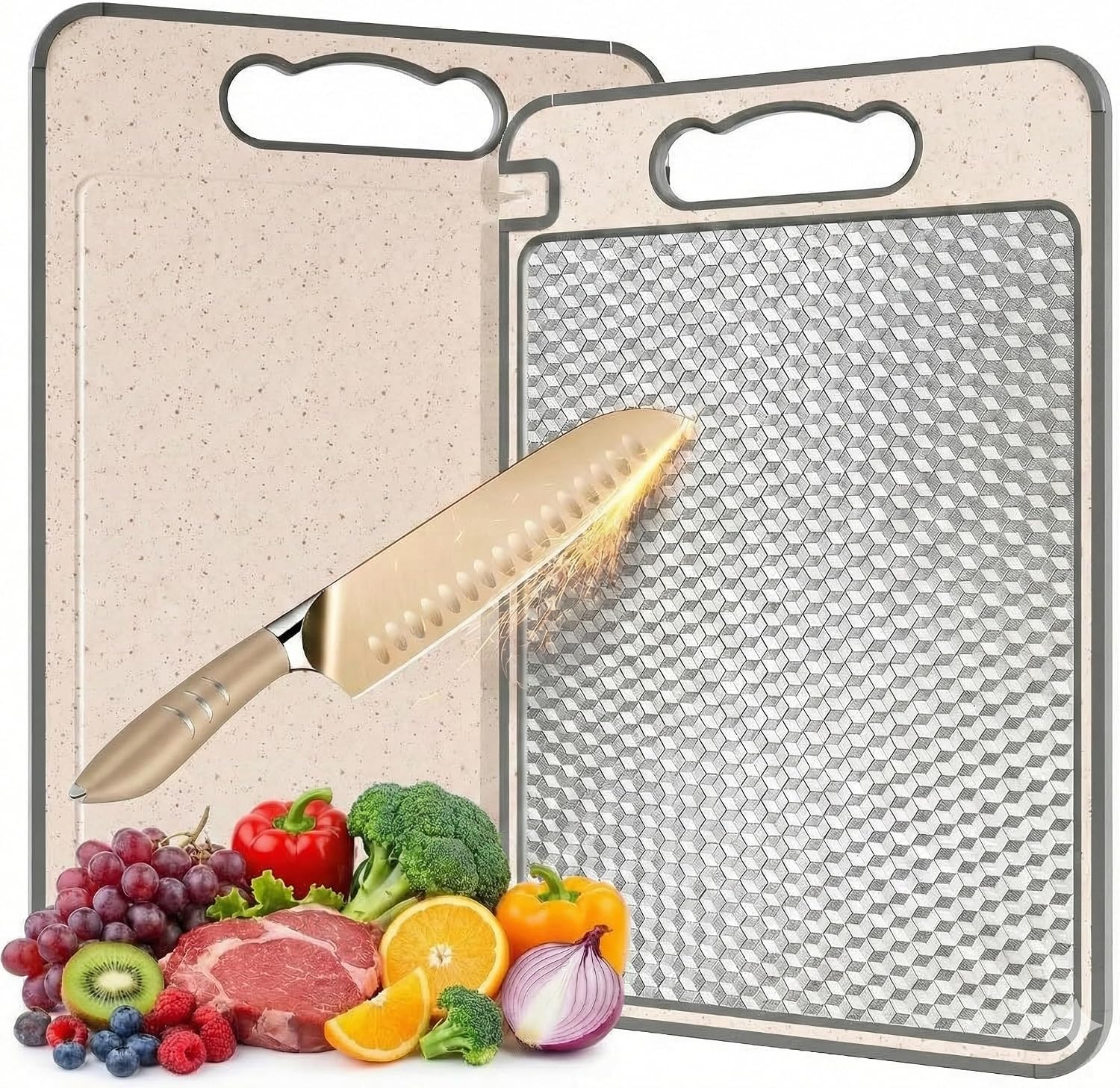 Cutting Board, Double-Sided Kitchen Cutting Board, 304 Stainless Steel & Wheat Straw, Separate Sides for Meat and Vegetables, Non-Toxic, Dishwasher Safe, Scratch-Resistant, 14.4 x 9.8 Inch