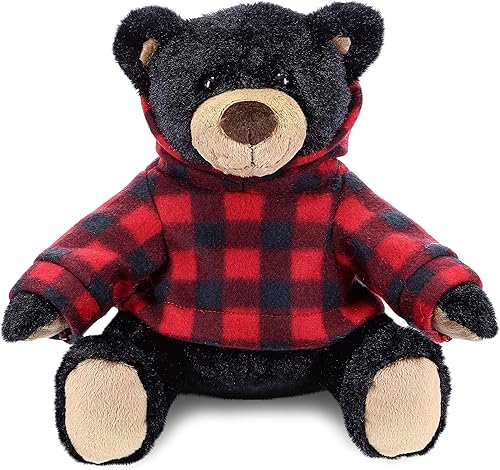DolliBu Oso negro de felpa con capucha a cuadros rojos oso negro suave y abrazable adorable peluche de oso negro de zoológico de juego bonito regalo