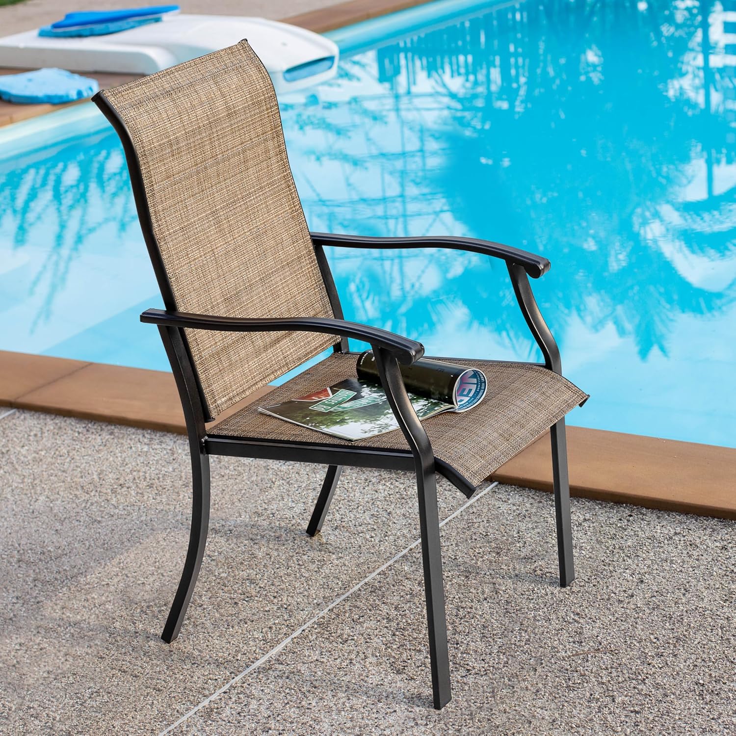 NUU GARDEN Set of 2 Patio Dining Chairs, High Back Textilene Chairs with Armrest for Indoor Outdoor Use, Iron Frame Patio Furniture Chairs for Garden Deck Backyard Kitchen Restaurant, Black and Brown