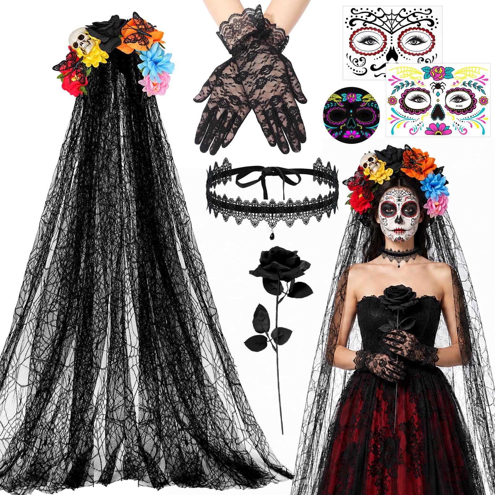 Yotako 6 Pcs Day of the Dead Costumes Accessories Set Headband Veil 120cm