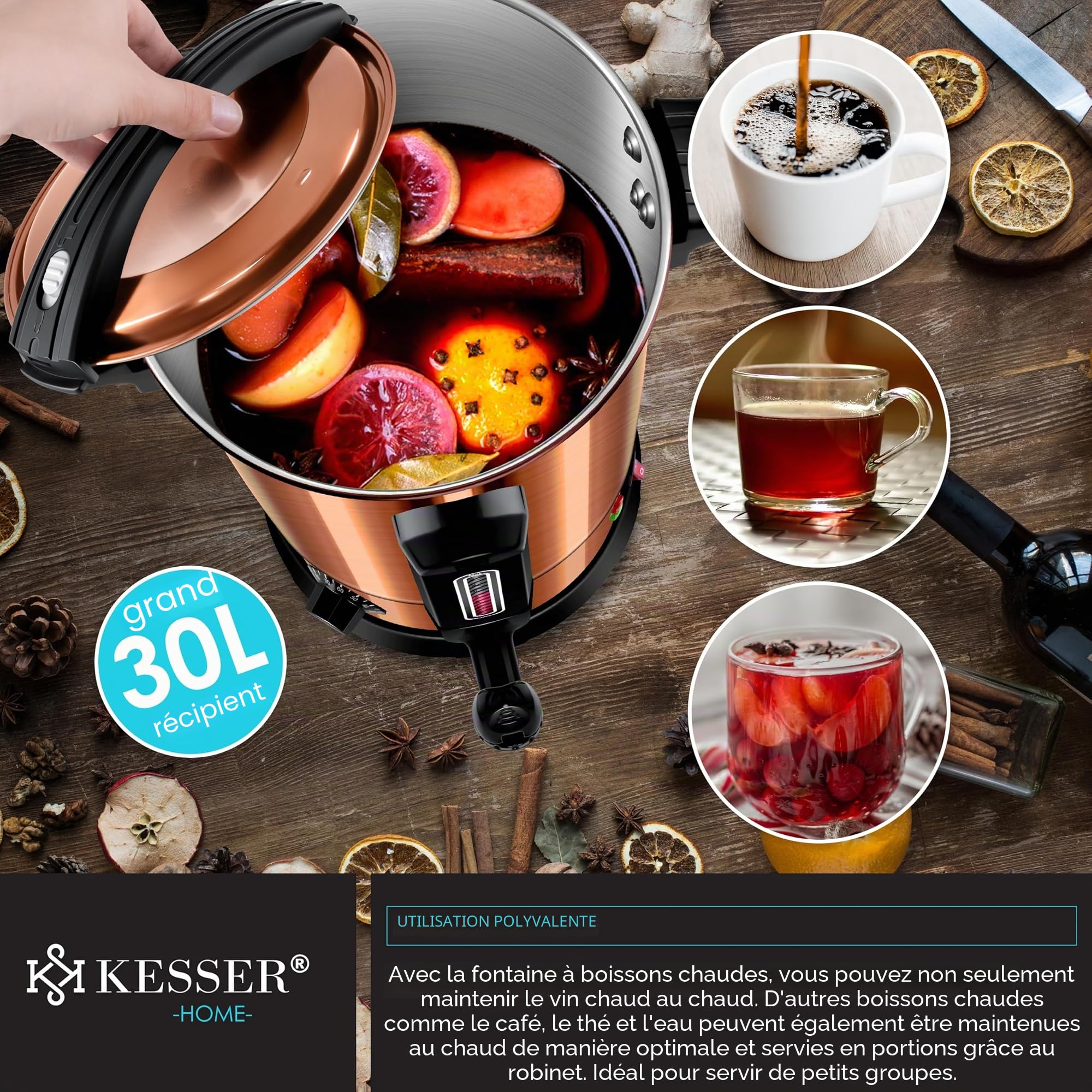 KESSER Bouilloire à vin chaud 6,8/10/20/30 l en acier inoxydable avec gobelet, bouilloire à vin chaud avec thermostat, distributeur d'eau chaude, indicateur de niveau de remplissage, robinet