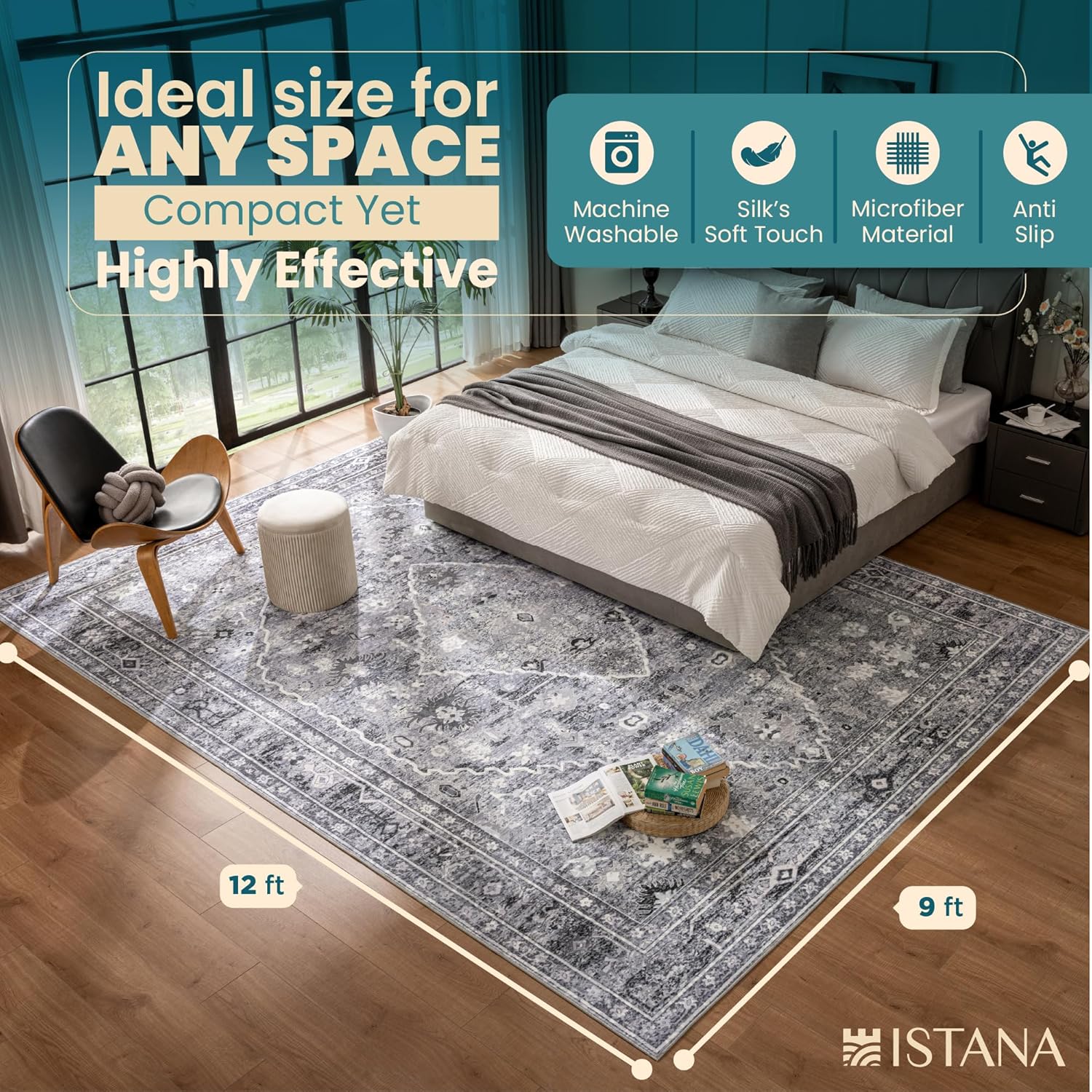 istana 9x12 area rug - grey 9 x 12 area rugs for living room - foldable 9x12 rugs for bedroom - stain resistant washable rug - eco-friendly area rugs living room misty grey palace medallion 9' x 12' (rectangular)