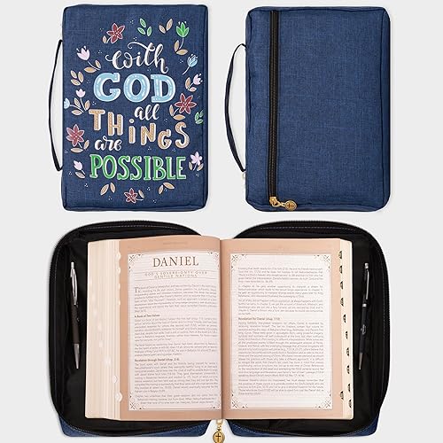 Miniatura 35 de Funda de lona para hombres y mujeres con cremallera para Biblia o libro con asa. Azul marino/Be Still