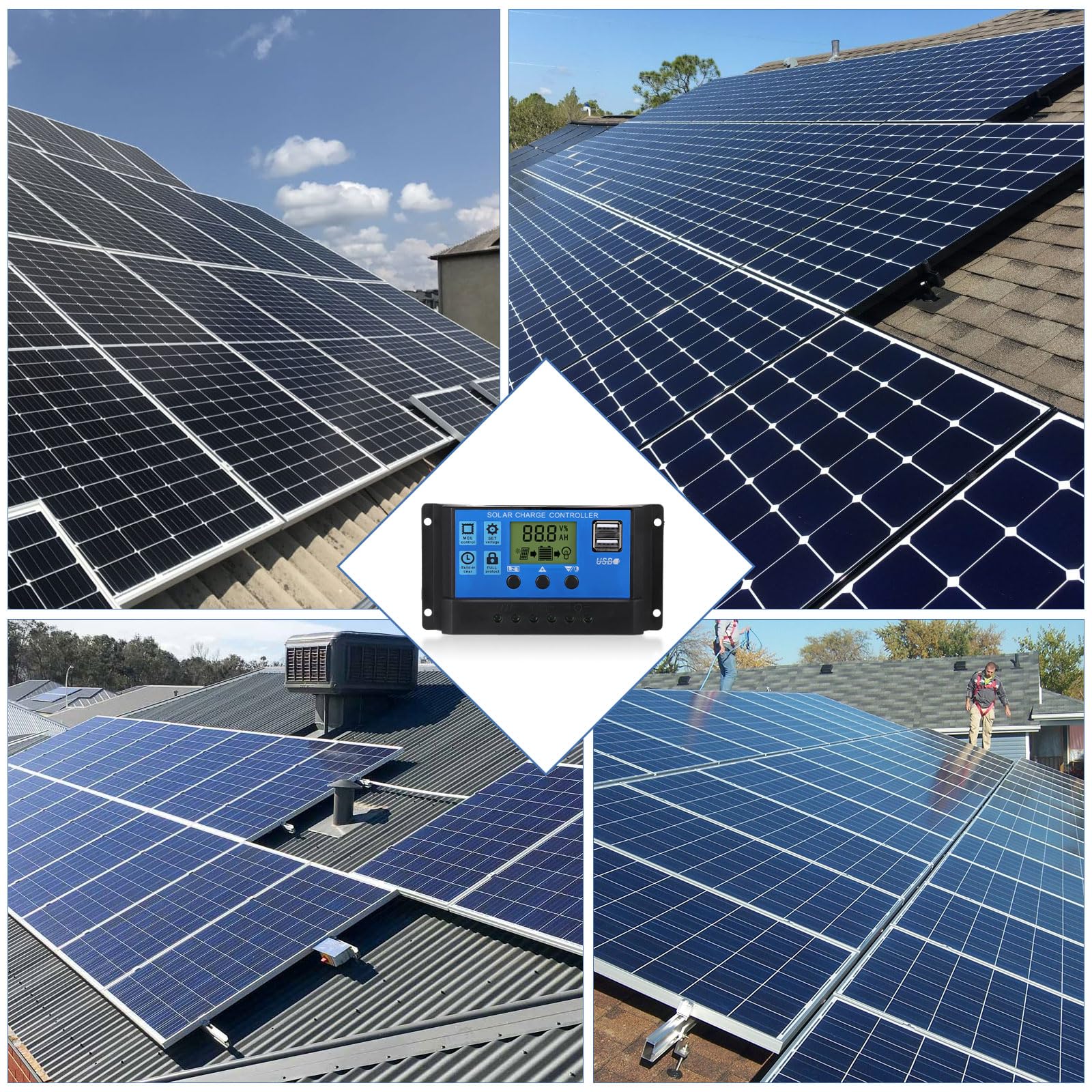 Régulateur de Charge Solaire 30 A 12 V/24 V,Contrôleur de Charge Solaire, Régulateur Intelligent de Panneau Solaire, Contrôleur Solaire Intelligent Avec Écran Lcd, Port USB Pour Batteries Au Plomb