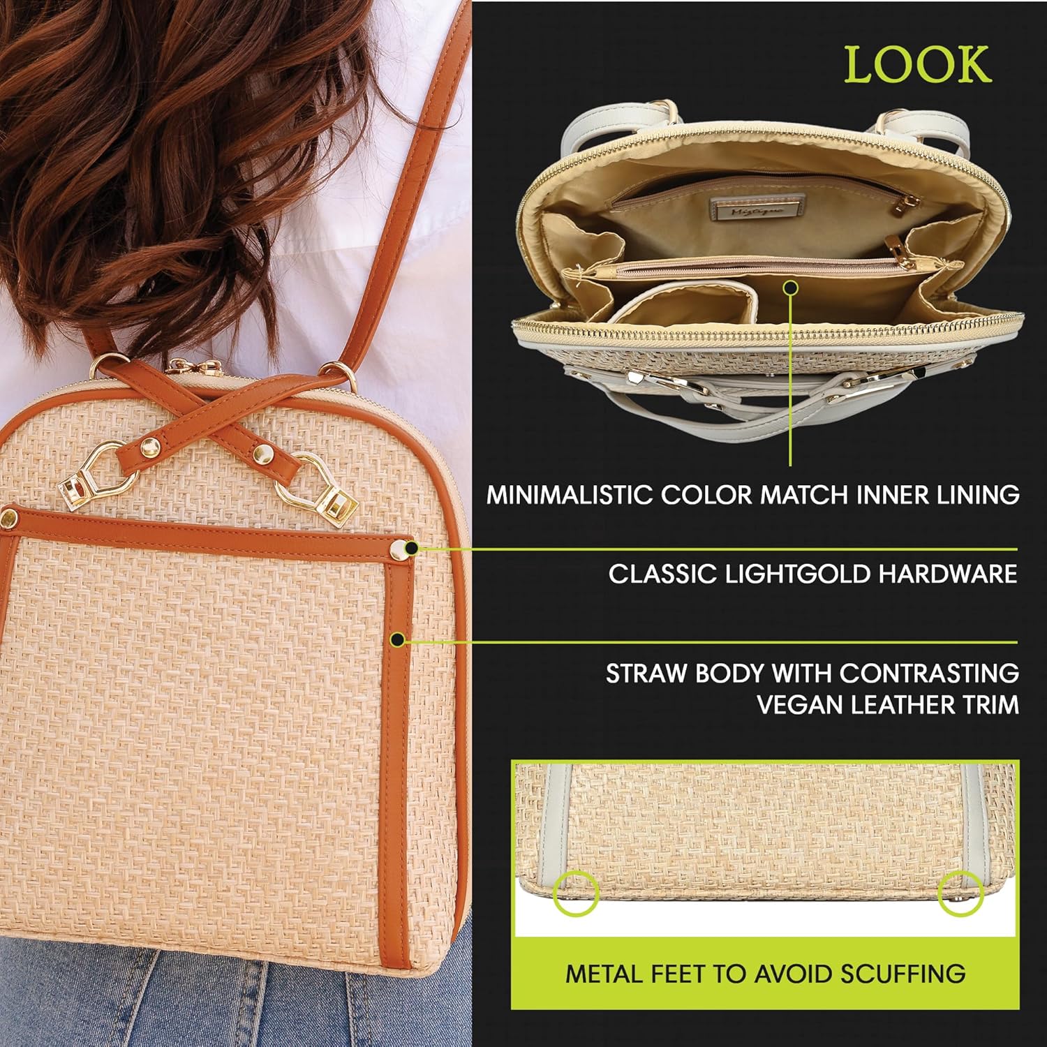 MMS Brands Miztique The Daisy Bamboo Straw Convertible Backpack Purse for Women (Lt Taupe) | Bamboo Straw Shoulder Strap Bag or Convertible Backpack | 10.5in x 4in x 11.5in |