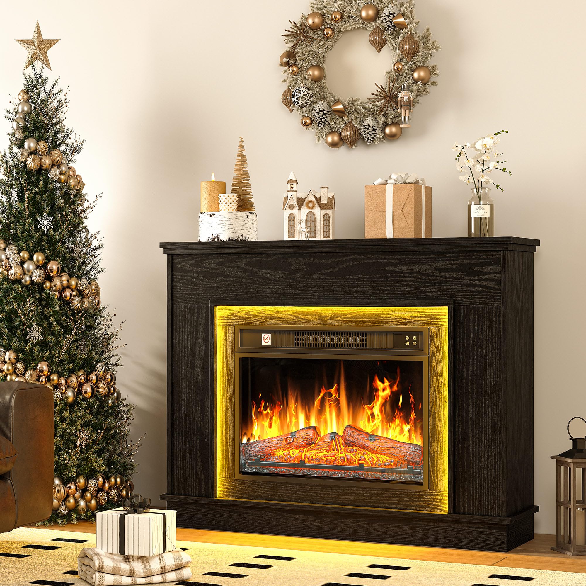 YITAHOME Fireplace, Black Electric Fireplace and Surround Fireplace Suite 39" with Programmable 7day Remote Control, Modern Realistic LED Flame, with Timer and LED Light Strip, 26D x 100W x 80.5H