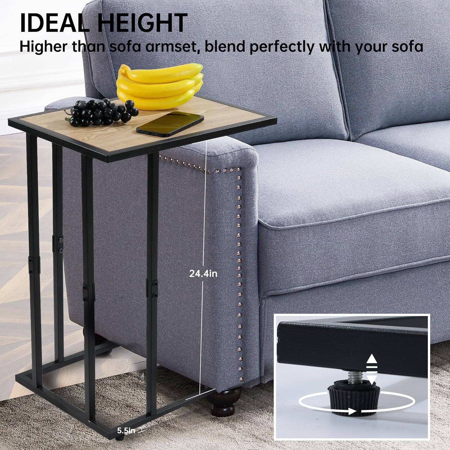 C Shaped End Table - Small Tv Tray Couch Side Table for Small Spaces,Living Room,Bed side,Slide Under Sofa Snack Table Desk for Eatting Dinner,Drink,Adjustable Metal Laptop Stand,Rustic 26'' Tall