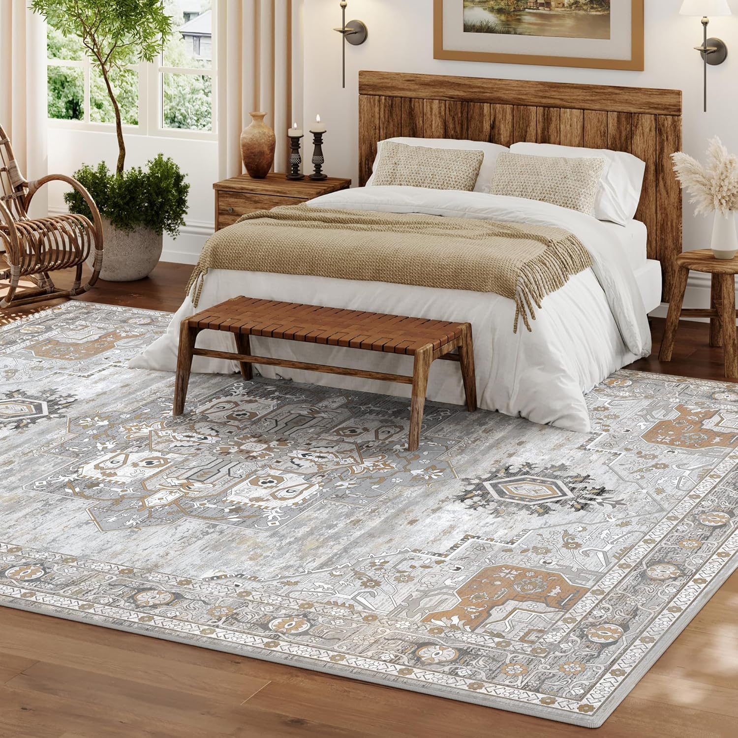 6x9 Washable Area Rug for Living Room, Non-Slip Soft Boho Vintage Medallion Carpet, Low Pile Distressed Rugs for Bedroom, Dining Room, Home Office, Dorm, Indoor Decor, Taupe Brown Taupe/Brown 6' x 9' (Rectangular)